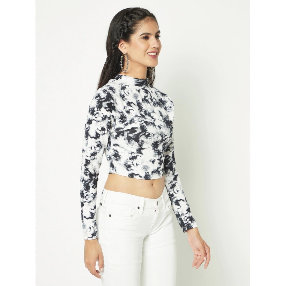 Polyester Self Design Regular Sleeves Round Neck Crop Top (White-Black)