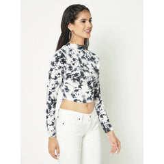 Polyester Self Design Regular Sleeves Round Neck Crop Top (White-Black)