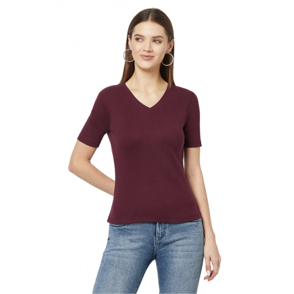 Cotton Blend Solid Regular Sleeves V-Neck Regular Top (Maroon)