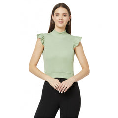 Cotton Blend Self Design Puff Sleeves High Neck Regular Top (Light-Green)