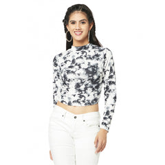 Polyester Self Design Regular Sleeves Round Neck Crop Top (White-Black)