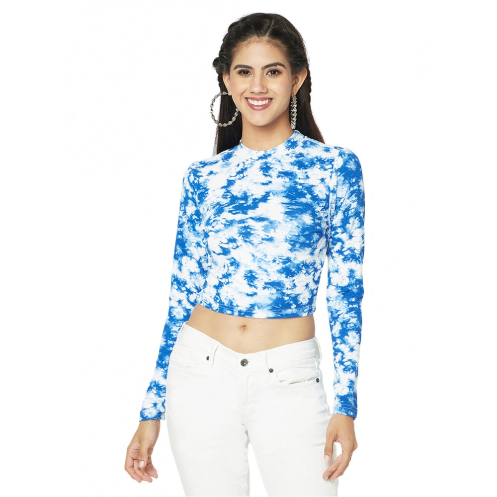 Polyester Self Design Regular Sleeves Round Neck Crop Top (White-Blue)