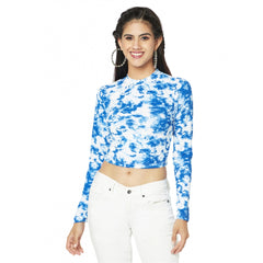 Polyester Self Design Regular Sleeves Round Neck Crop Top (White-Blue)