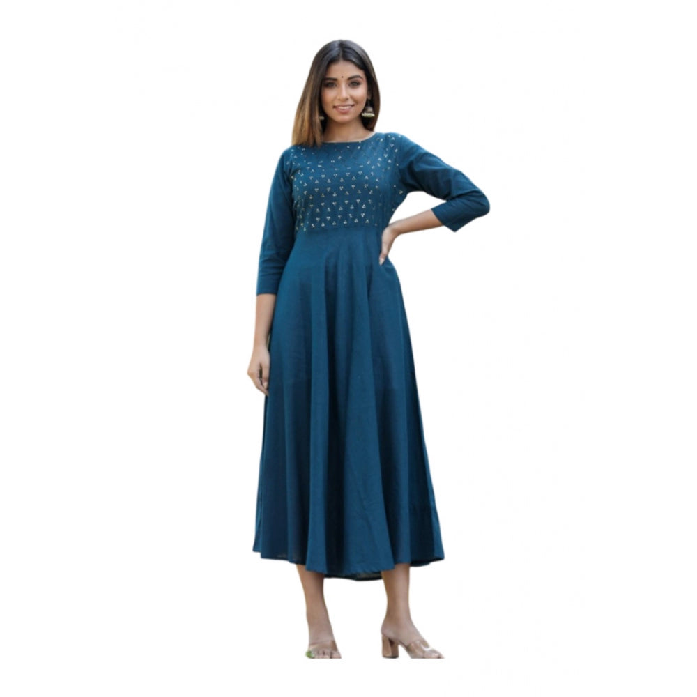 Women's Cotton Solid 3/4 Sleeve Round Neck Kurti (Blue)