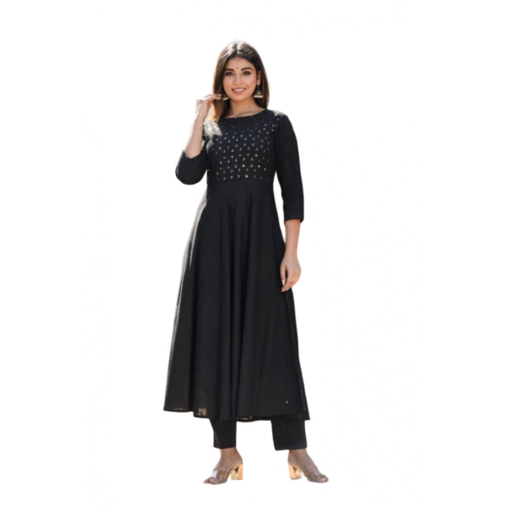 Women's Cotton Solid 3/4 Sleeve Round Neck Kurti (Black)