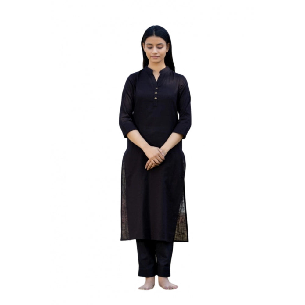 Women's Cotton Solid 3/4 Sleeve Mandarin collar Kurti (Black)