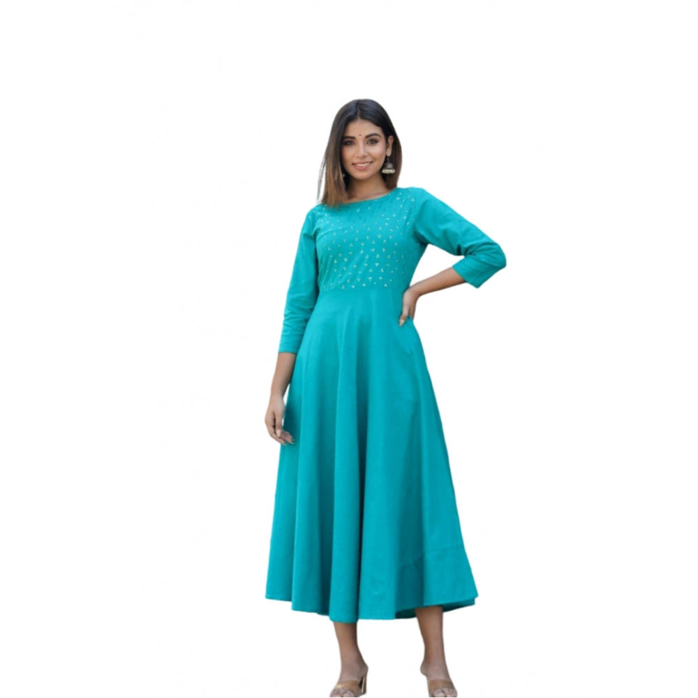 Women's Cotton Solid 3/4 Sleeve Round Neck Kurti (Green)