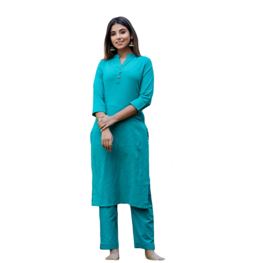 Women's Cotton Solid 3/4 Sleeve Mandarin collar Kurti (Green)