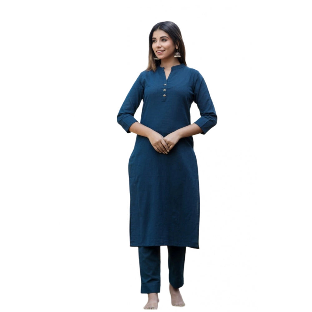 Women's Cotton Solid 3/4 Sleeve Mandarin collar Kurti (Blue)