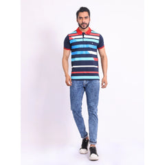 Men's Casual Cotton Printed Polo Neck Half Sleeve T-Shirt (Navy)