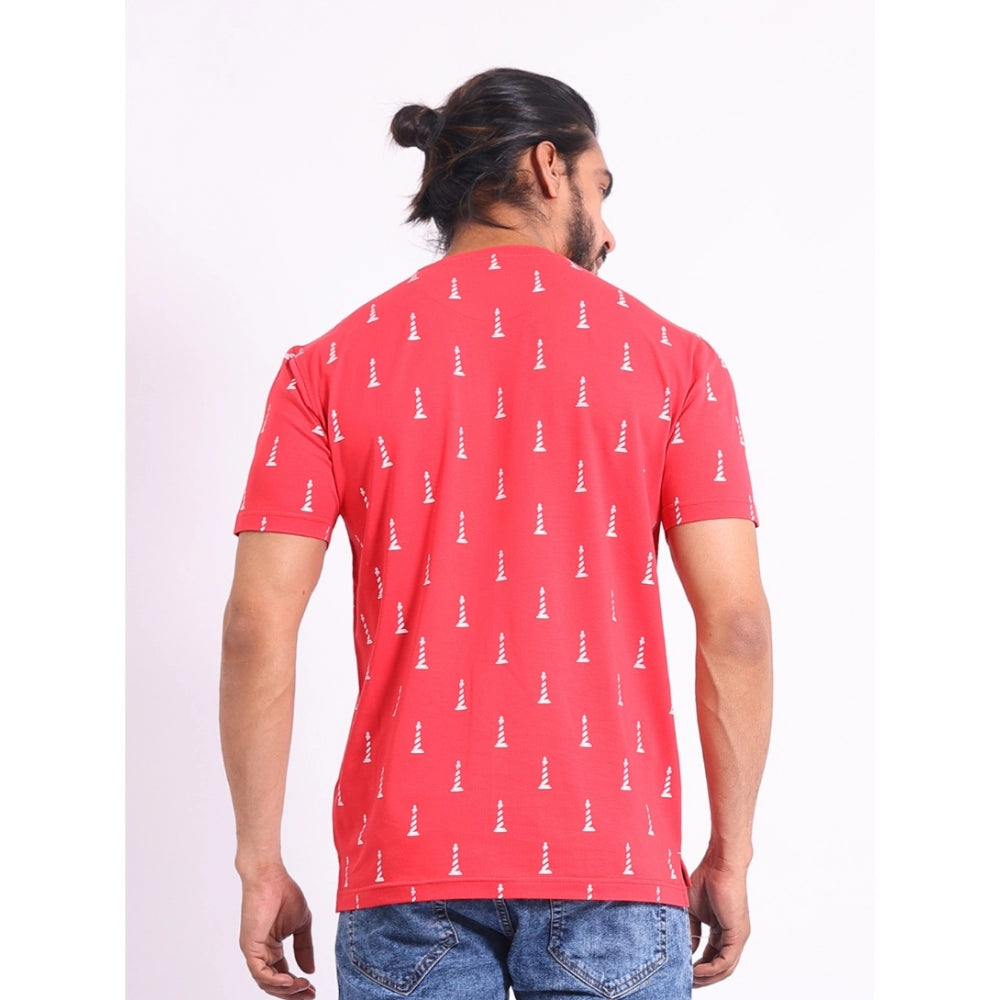 Men's Casual Cotton Printed Round Neck Half Sleeve T-Shirt (Red)