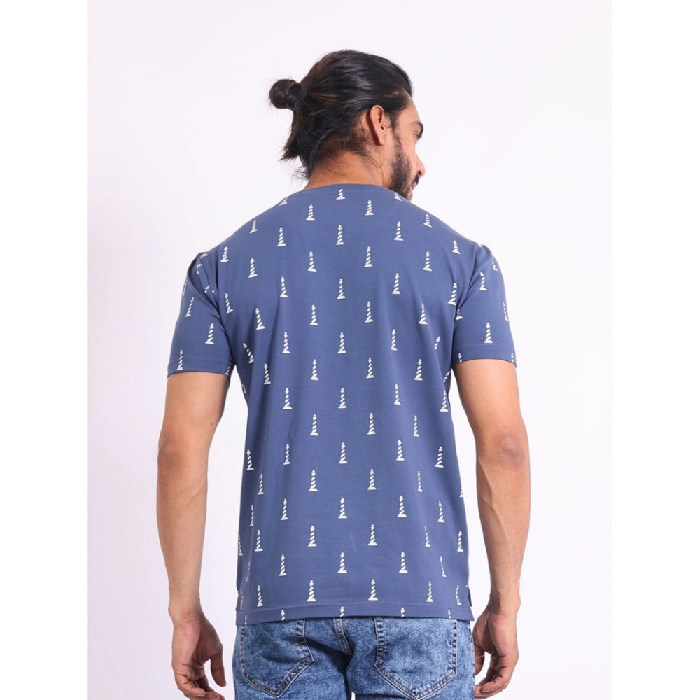 Men's Casual Cotton Printed Round Neck Half Sleeve T-Shirt (Blue)