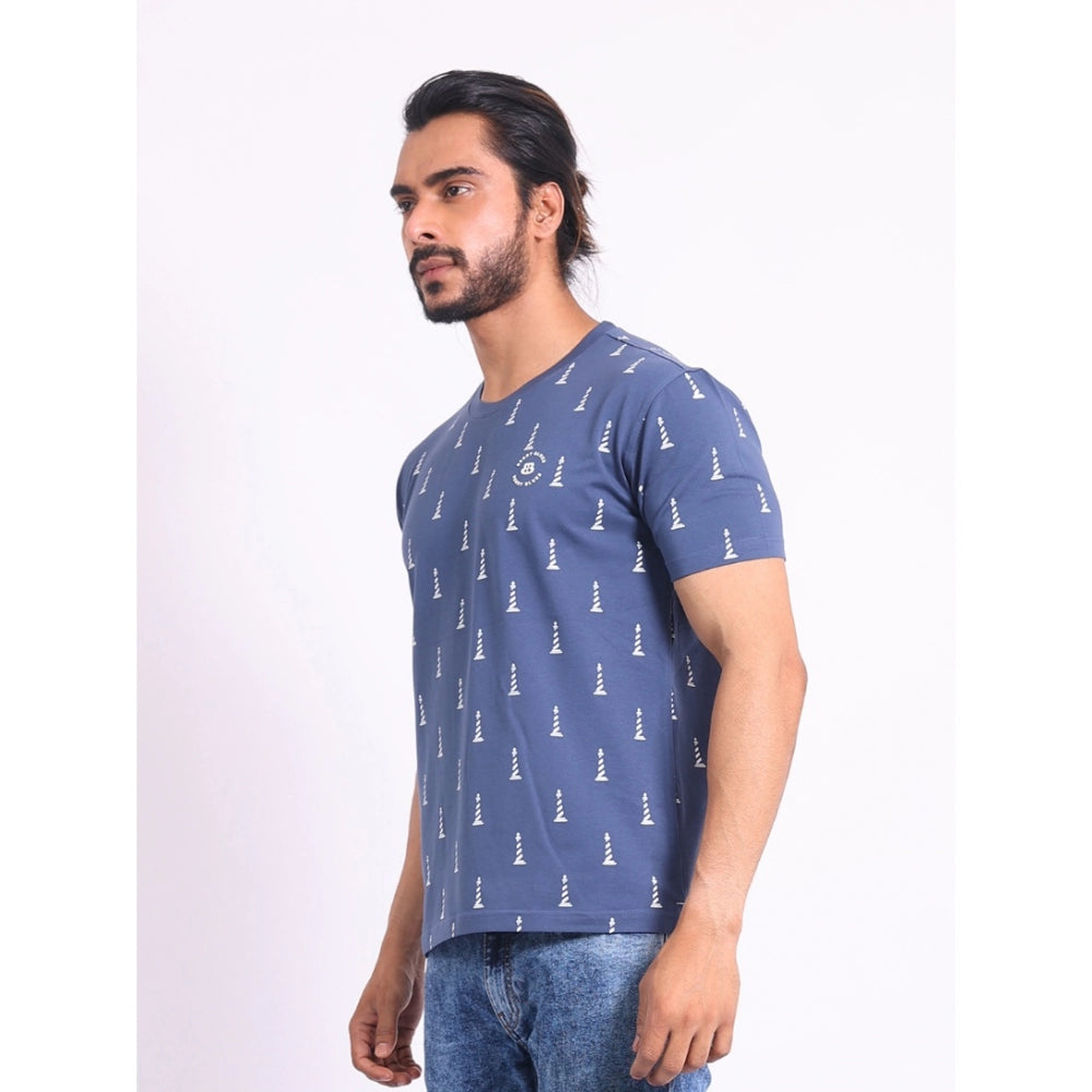 Men's Casual Cotton Printed Round Neck Half Sleeve T-Shirt (Blue)