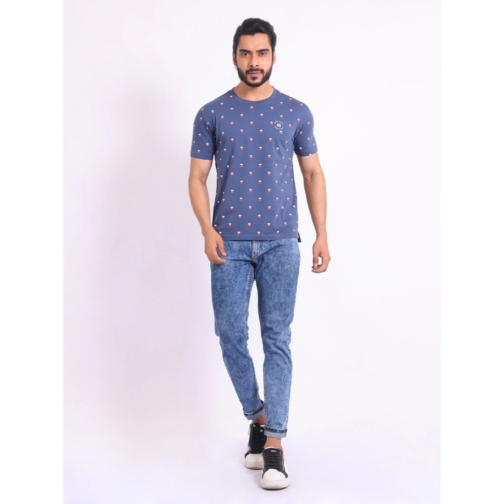 Men's Casual Cotton Printed Round Neck Half Sleeve T-Shirt (Blue)