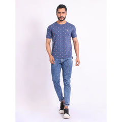 Men's Casual Cotton Printed Round Neck Half Sleeve T-Shirt (Blue)