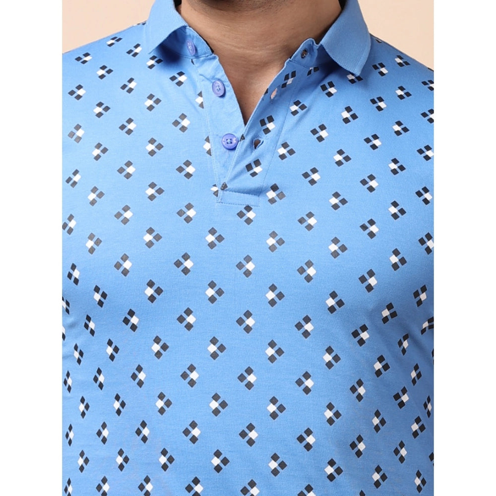 Men's Casual Cotton Printed Polo Neck Half Sleeve T-Shirt (Blue)