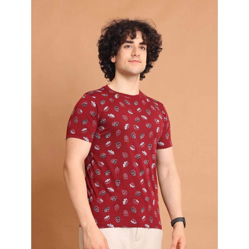 Men's Casual Cotton Printed Round Neck Half Sleeve T-Shirt (Maroon)