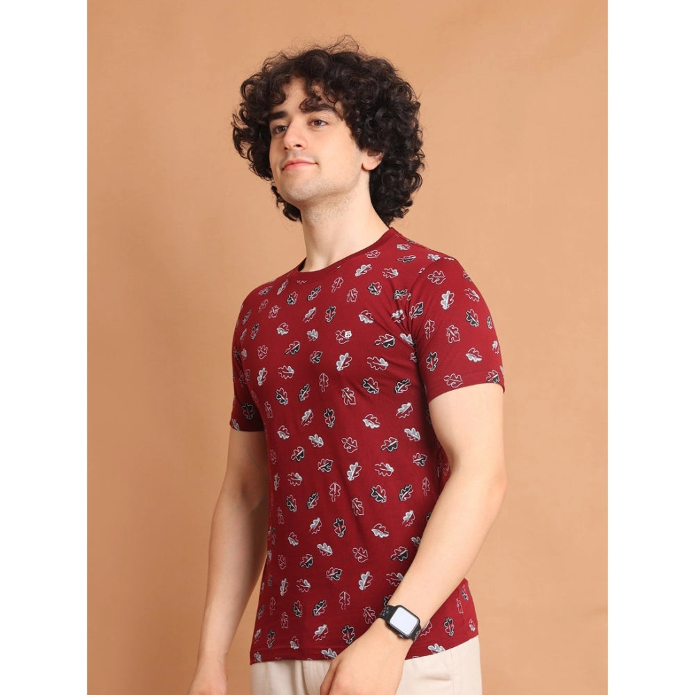 Men's Casual Cotton Printed Round Neck Half Sleeve T-Shirt (Maroon)