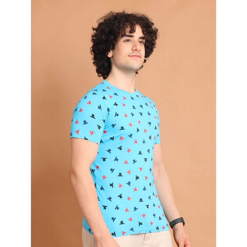 Men's Casual Cotton Printed Round Neck Half Sleeve T-Shirt (Skyblue)