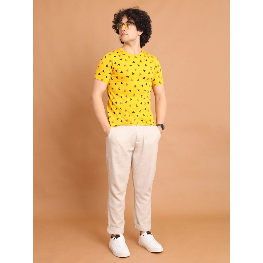 Men's Casual Cotton Printed Round Neck Half Sleeve T-Shirt (Yellow)