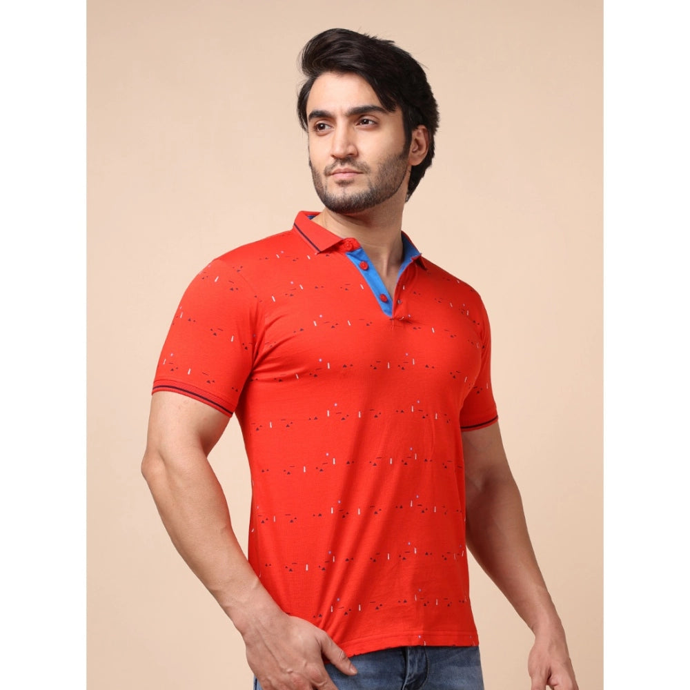 Men's Casual Cotton Printed Polo Neck Half Sleeve T-Shirt (Red)