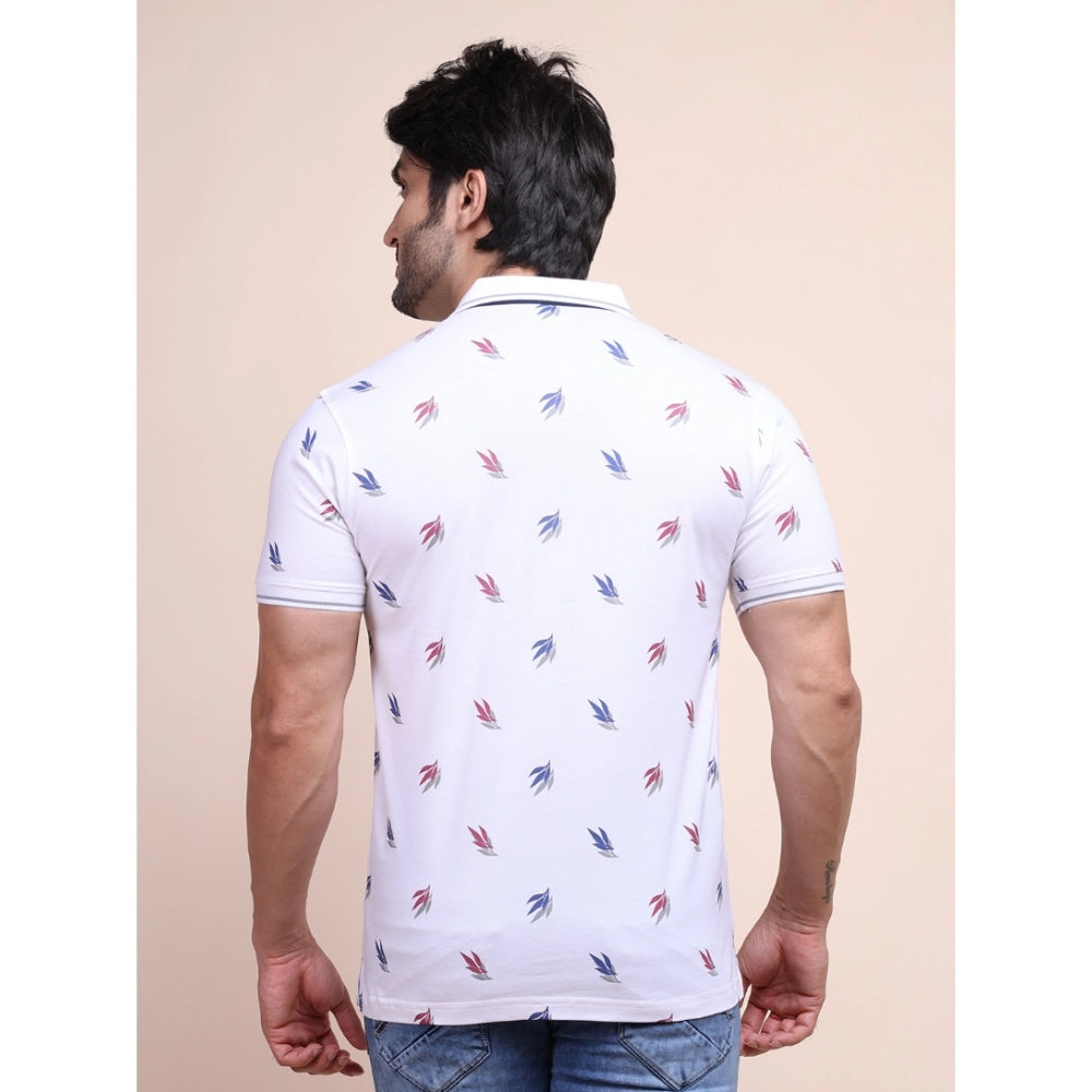 Men's Casual Cotton Printed Polo Neck Half Sleeve T-Shirt (White)