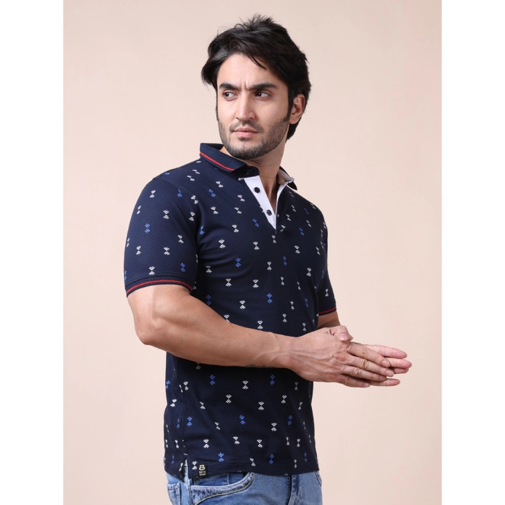 Men's Casual Cotton Printed Polo Neck Half Sleeve T-Shirt (Navy)