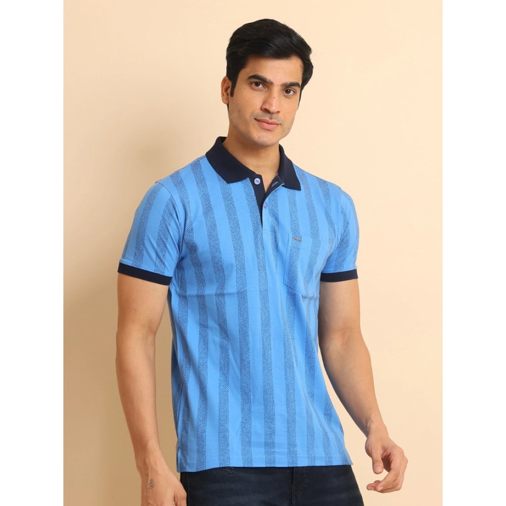 Men's Casual Cotton Printed Polo Neck Half Sleeve T-Shirt (LightBlue)