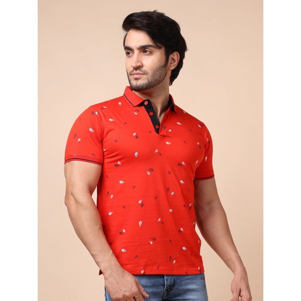 Men's Casual Cotton Printed Polo Neck Half Sleeve T-Shirt (Red)