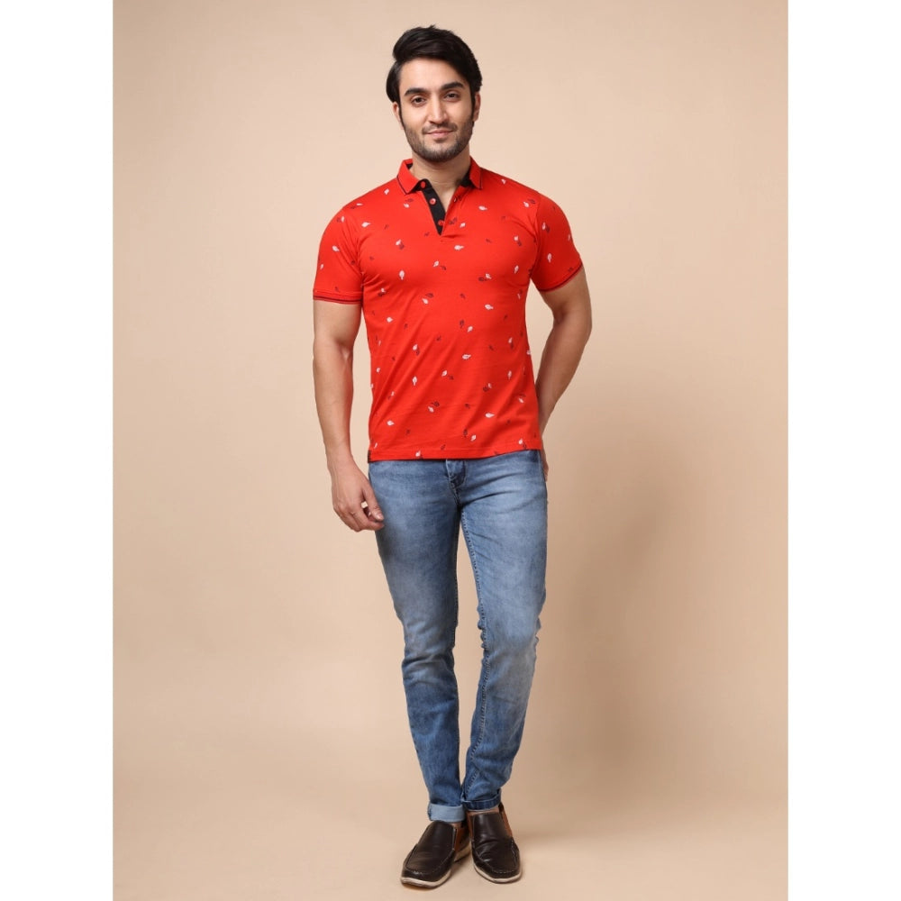 Men's Casual Cotton Printed Polo Neck Half Sleeve T-Shirt (Red)