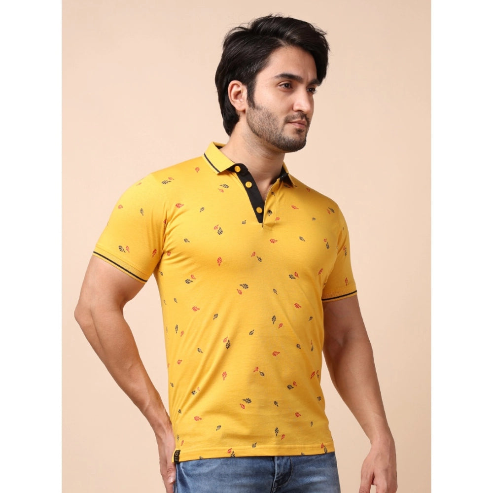 Men's Casual Cotton Printed Polo Neck Half Sleeve T-Shirt (Mustard)