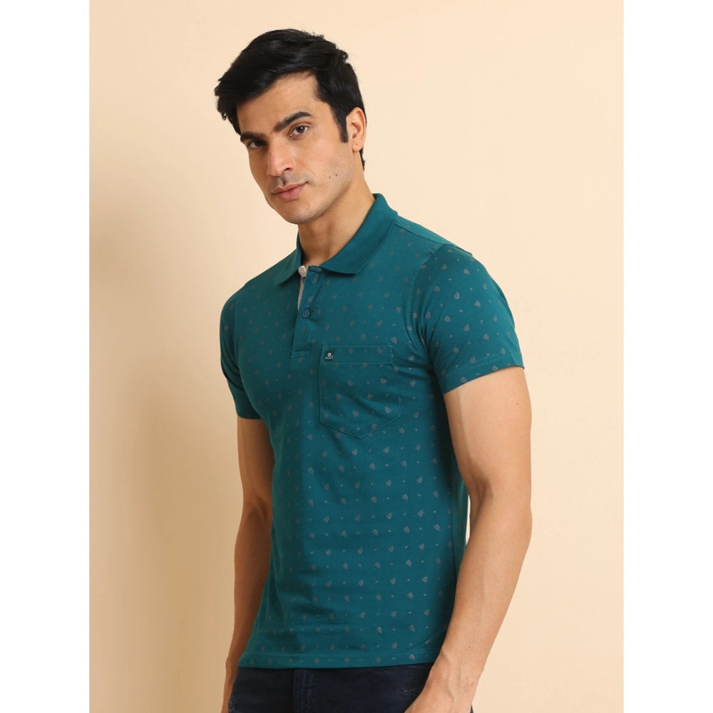 Men's Casual Cotton Printed Polo Neck Half Sleeve T-Shirt (Green)