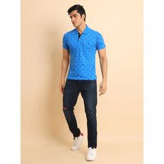 Men's Casual Cotton Printed Polo Neck Half Sleeve T-Shirt (Blue)