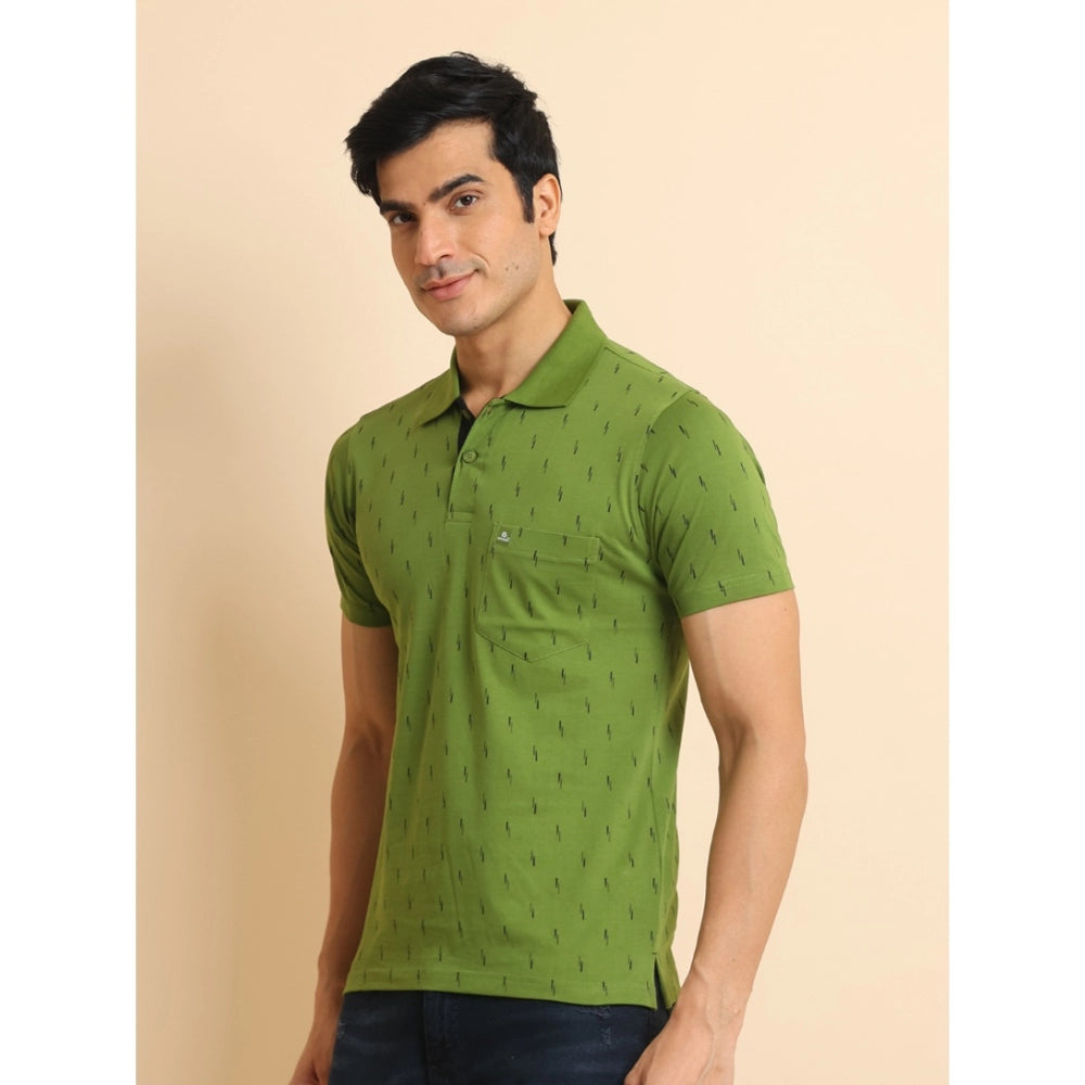 Men's Casual Cotton Printed Polo Neck Half Sleeve T-Shirt (Green)