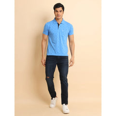 Men's Casual Cotton Printed Polo Neck Half Sleeve T-Shirt (Blue)