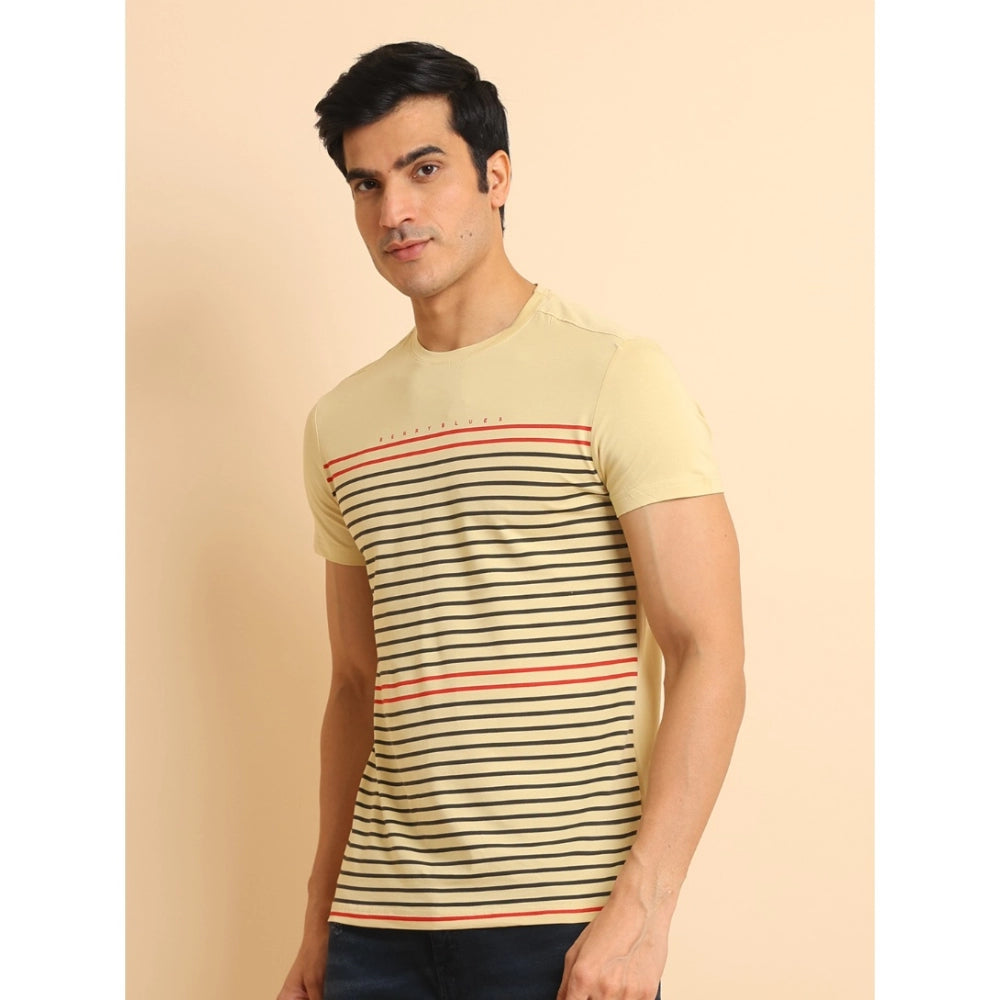 Men's Casual Cotton Printed Round Neck Half Sleeve T-Shirt (Beige)