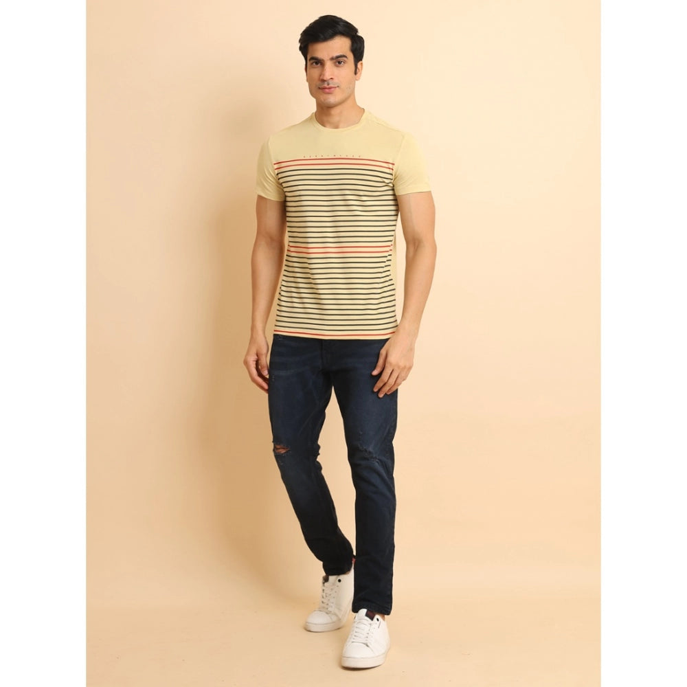 Men's Casual Cotton Printed Round Neck Half Sleeve T-Shirt (Beige)