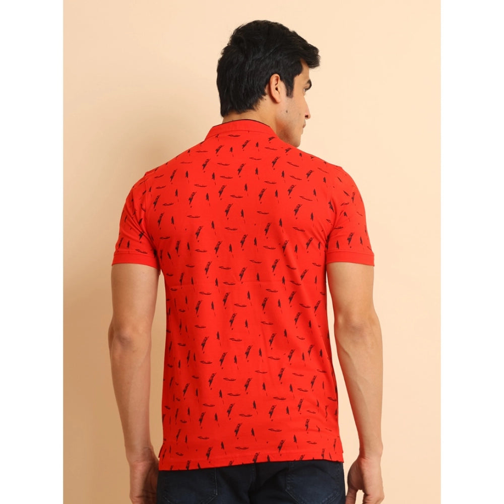 Men's Casual Cotton Printed Mandarin Collar Half Sleeve T-Shirt (Red)