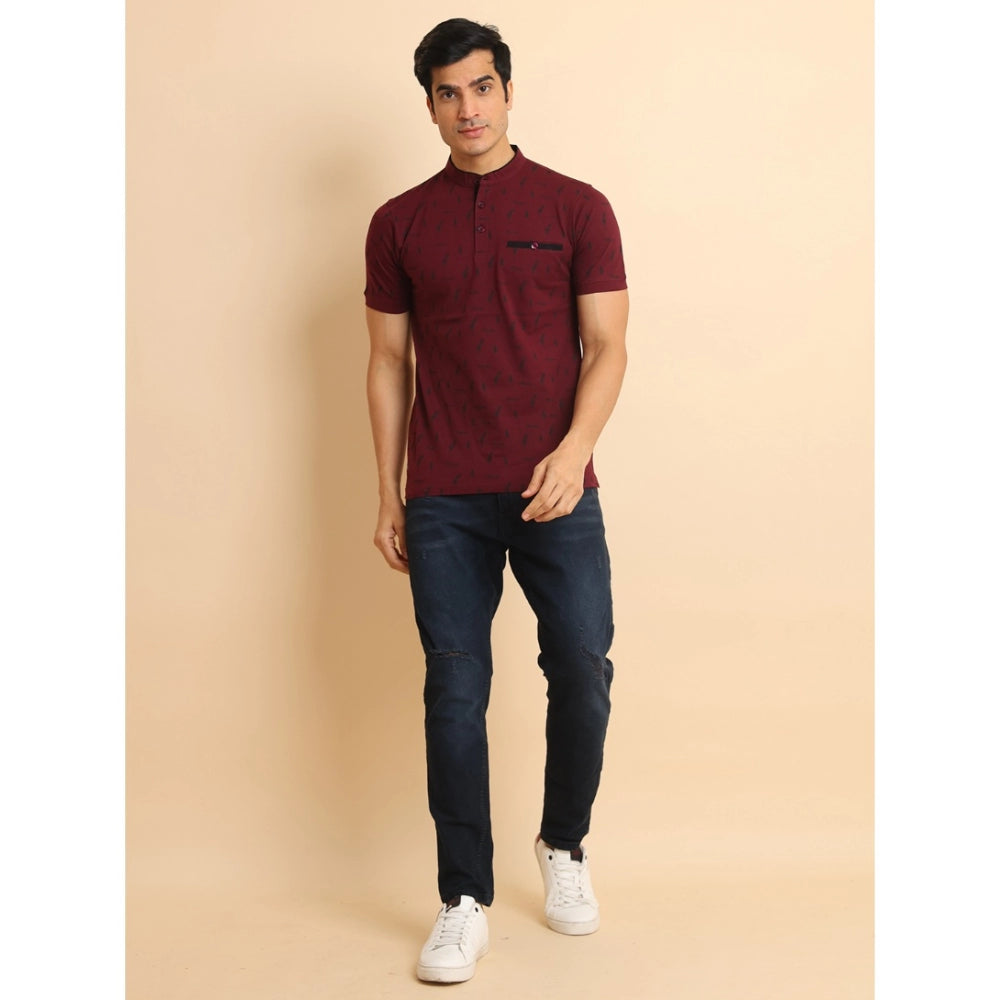 Men's Casual Cotton Printed Mandarin Collar Half Sleeve T-Shirt (Plum)