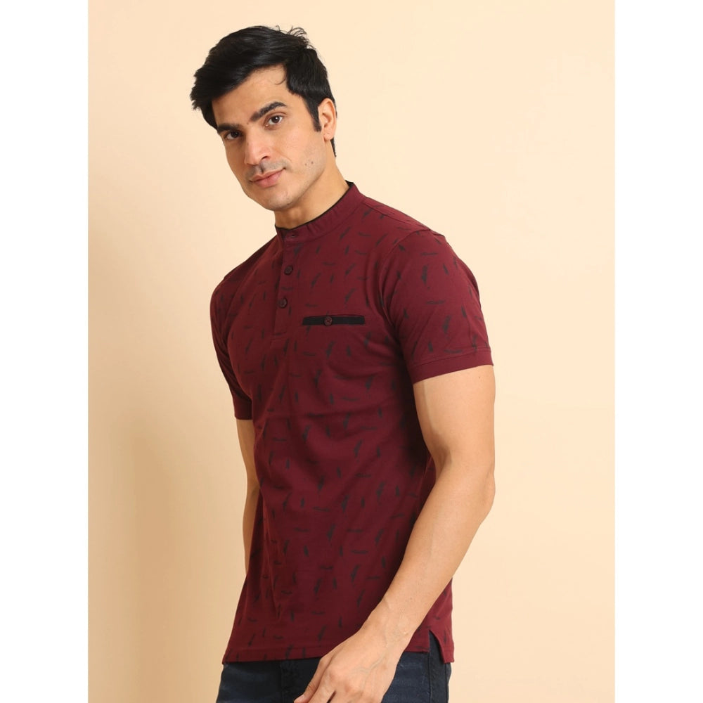 Men's Casual Cotton Printed Mandarin Collar Half Sleeve T-Shirt (Plum)