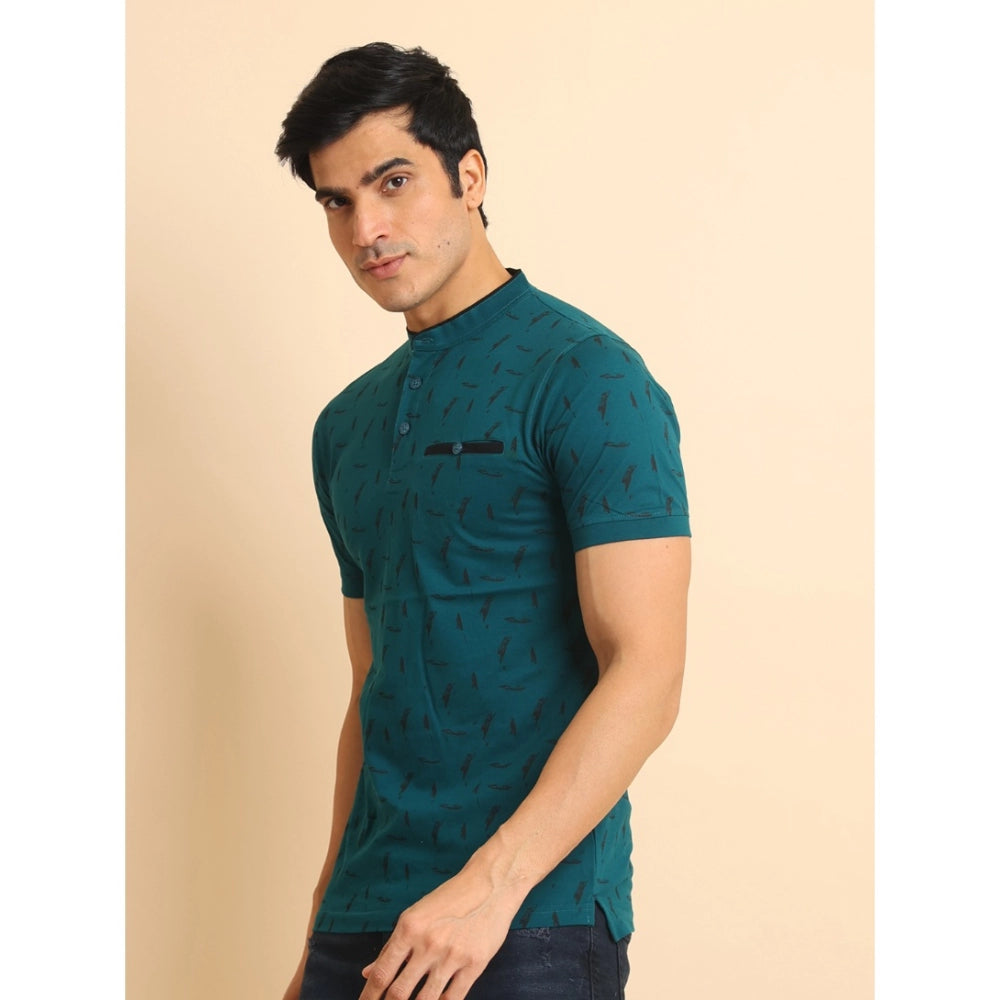 Men's Casual Cotton Printed Mandarin Collar Half Sleeve T-Shirt (Green)