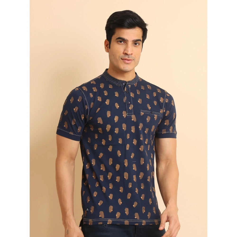 Men's Casual Cotton Printed Mandarin Collar Half Sleeve T-Shirt (Navy)