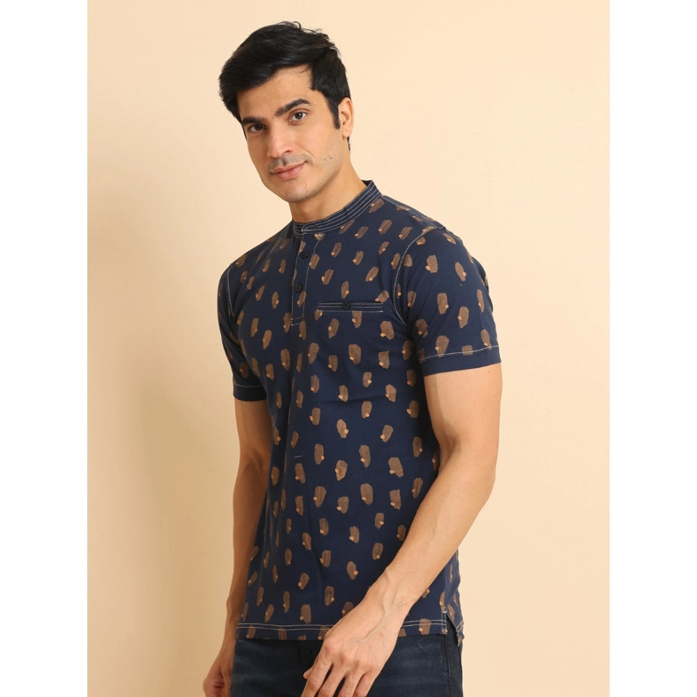 Men's Casual Cotton Printed Mandarin Collar Half Sleeve T-Shirt (Navy)