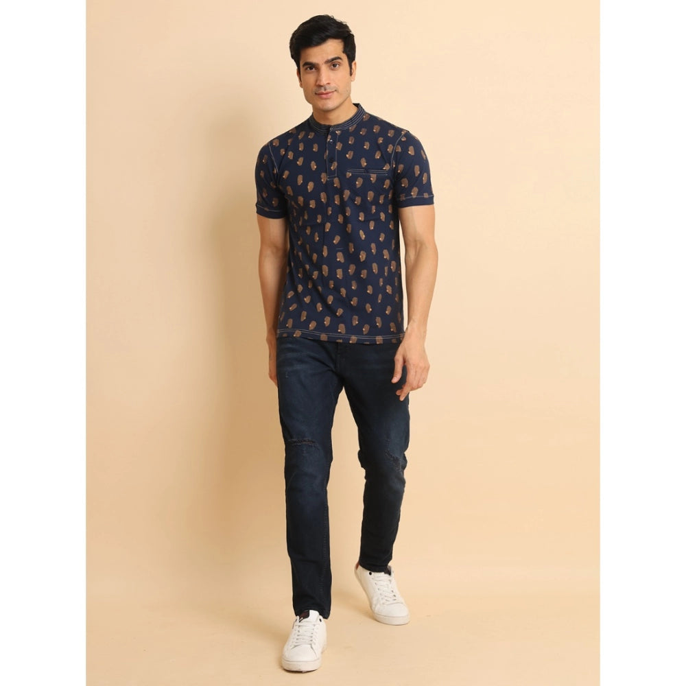 Men's Casual Cotton Printed Mandarin Collar Half Sleeve T-Shirt (Navy)