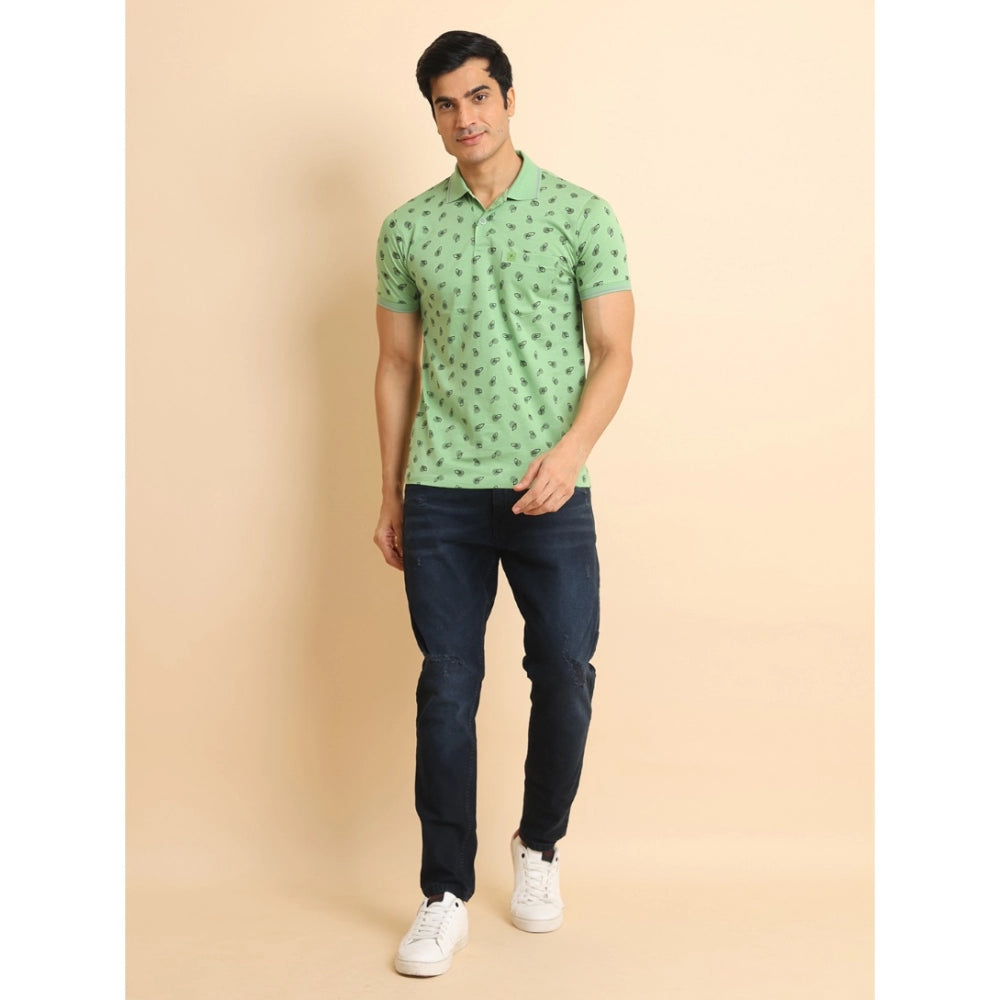 Men's Casual Cotton Printed Polo Neck Half Sleeve T-Shirt (Light Green)