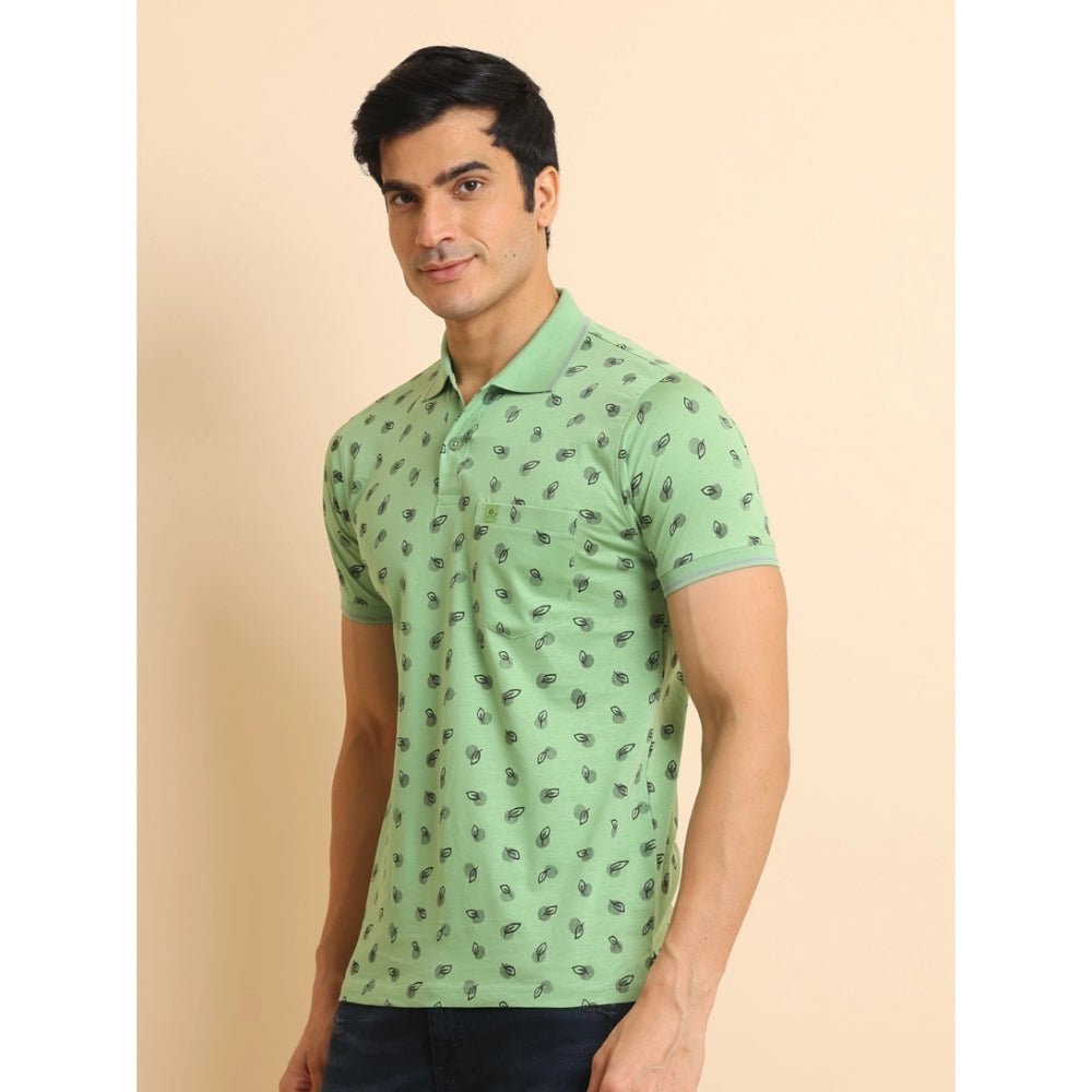 Men's Casual Cotton Printed Polo Neck Half Sleeve T-Shirt (Light Green)