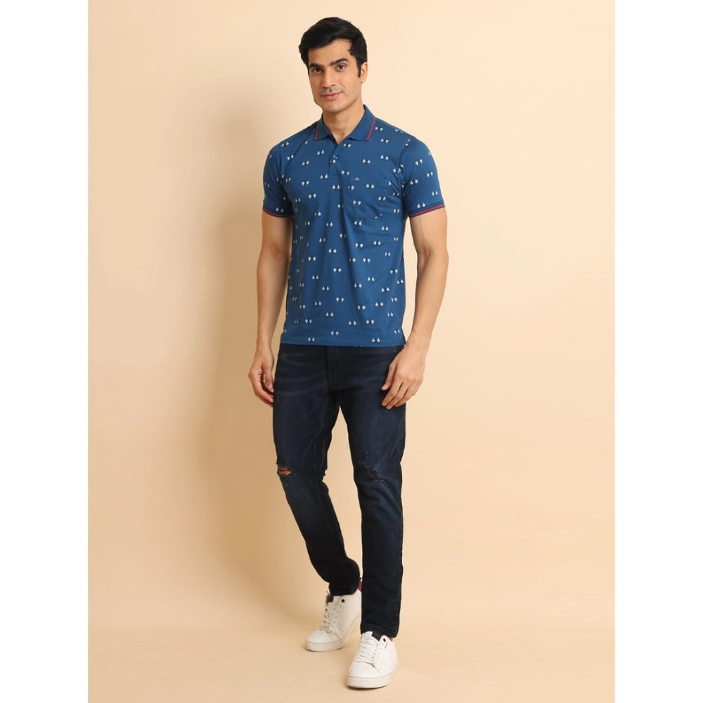 Men's Casual Cotton Printed Polo Neck Half Sleeve T-Shirt (Blue)