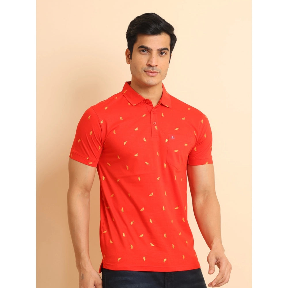 Men's Casual Cotton Printed Polo Neck Half Sleeve T-Shirt (Red)