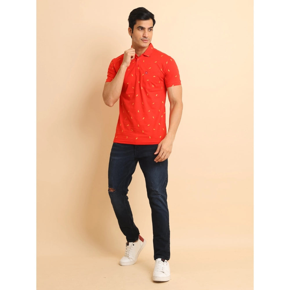 Men's Casual Cotton Printed Polo Neck Half Sleeve T-Shirt (Red)