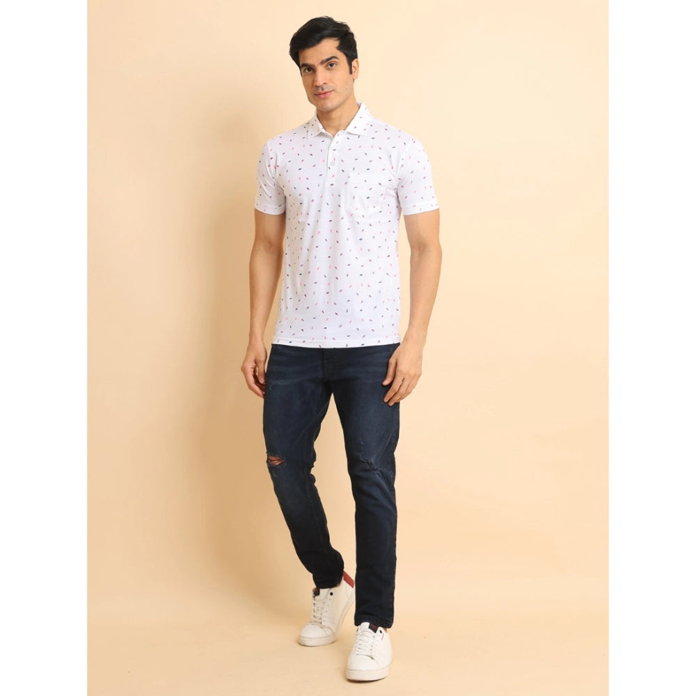 Men's Casual Cotton Printed Polo Neck Half Sleeve T-Shirt (White)